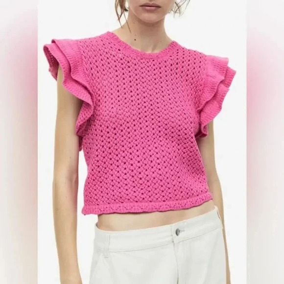 H&M crochet top Pointelle-knit blouse short flutter sleeves scalloped - Picture 2 of 7